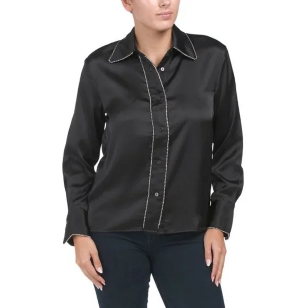 Rachel Zoe Black Shiny Blouse With Rhinestone Trim size Medium NWT